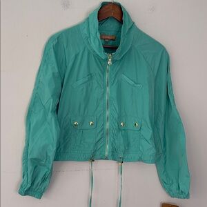 Ellen Tracy Aqua cropped zip up windbreaker jacket drawstring waist pockets XS